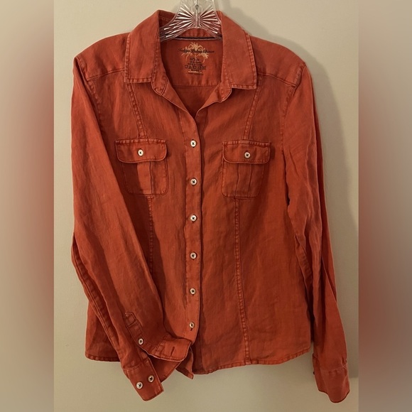Indigo Palms Chinos Women's Orange Long Sleeve Linen Button Down Top; Size M - Picture 1 of 7